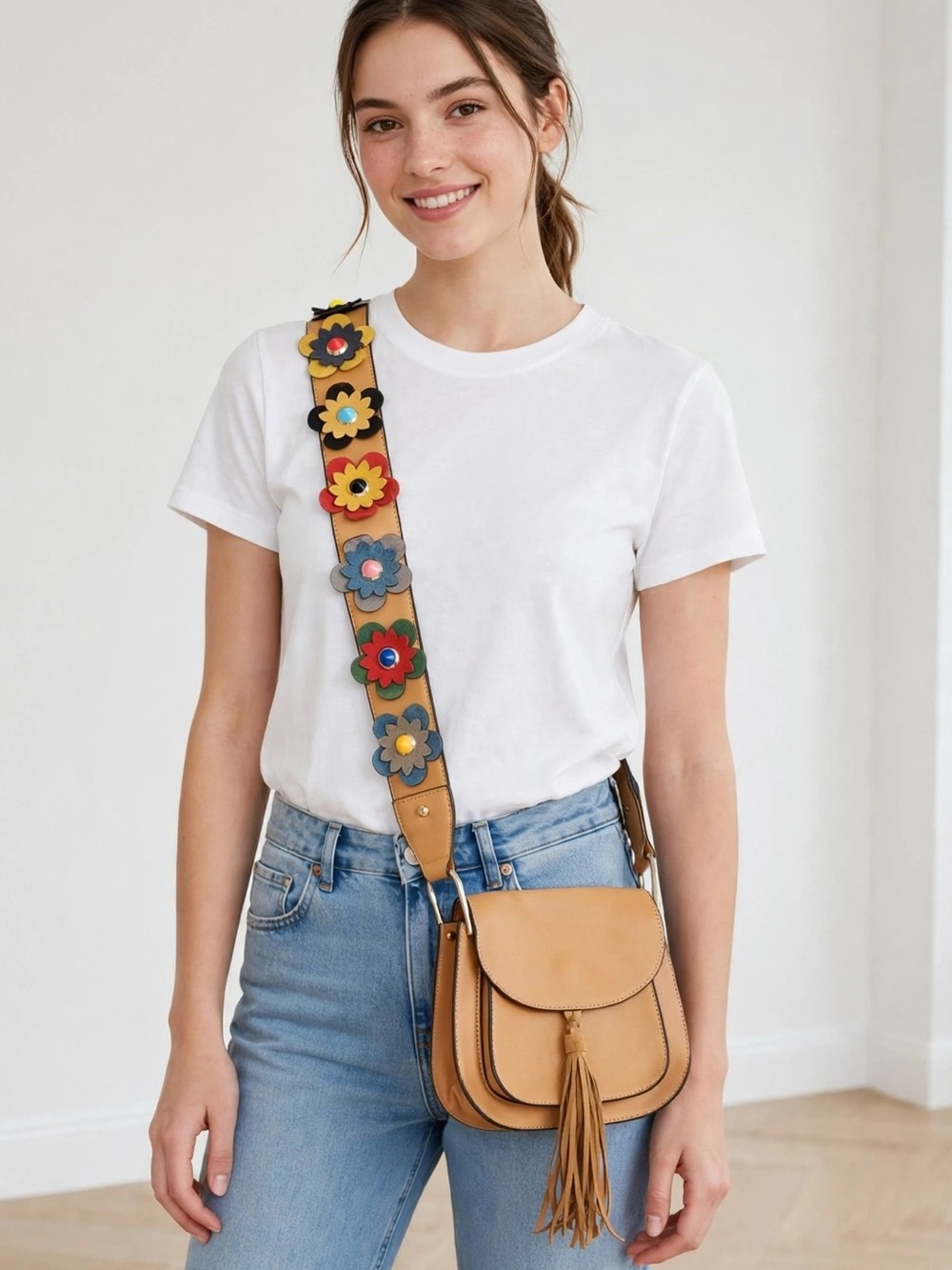 🆕 INZI Tan Crossbody Bag with Floral Appliqué Strap and Tassel